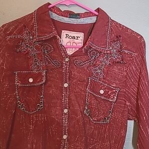 Burgundy Roar Button Down with Cross and Rhinestones